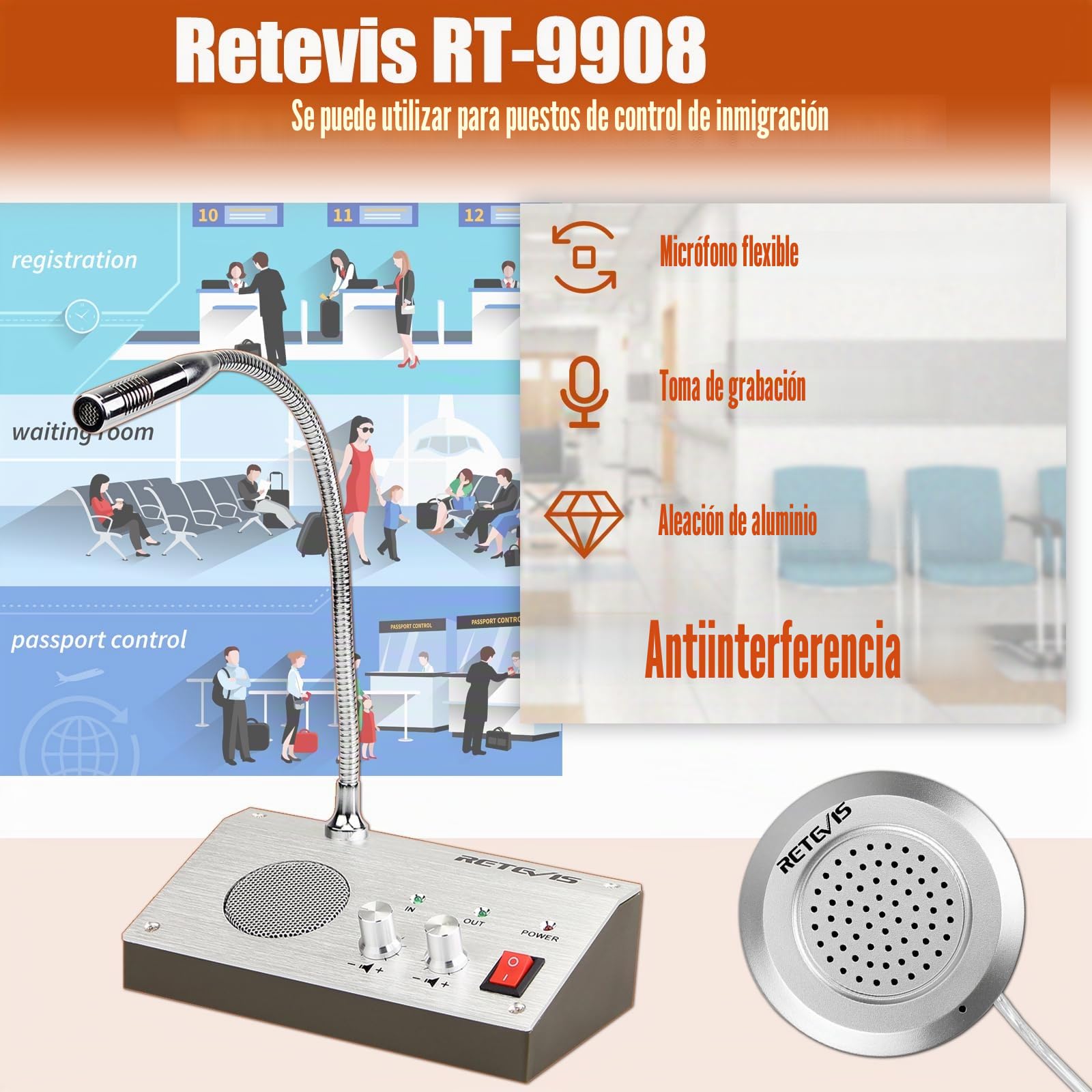 Retevis RT9908 Intercomunicador Ventanilla Sistema de Intercomunicación Ventana Dual Walkie Talkie Micrófono de Base 3W Micrófono Remoto para Mantener una Distancia Social Segura(Plata) | para Bancos, Hospitales, Tiendas, Oficinas, 3W Potencia, Micrófono