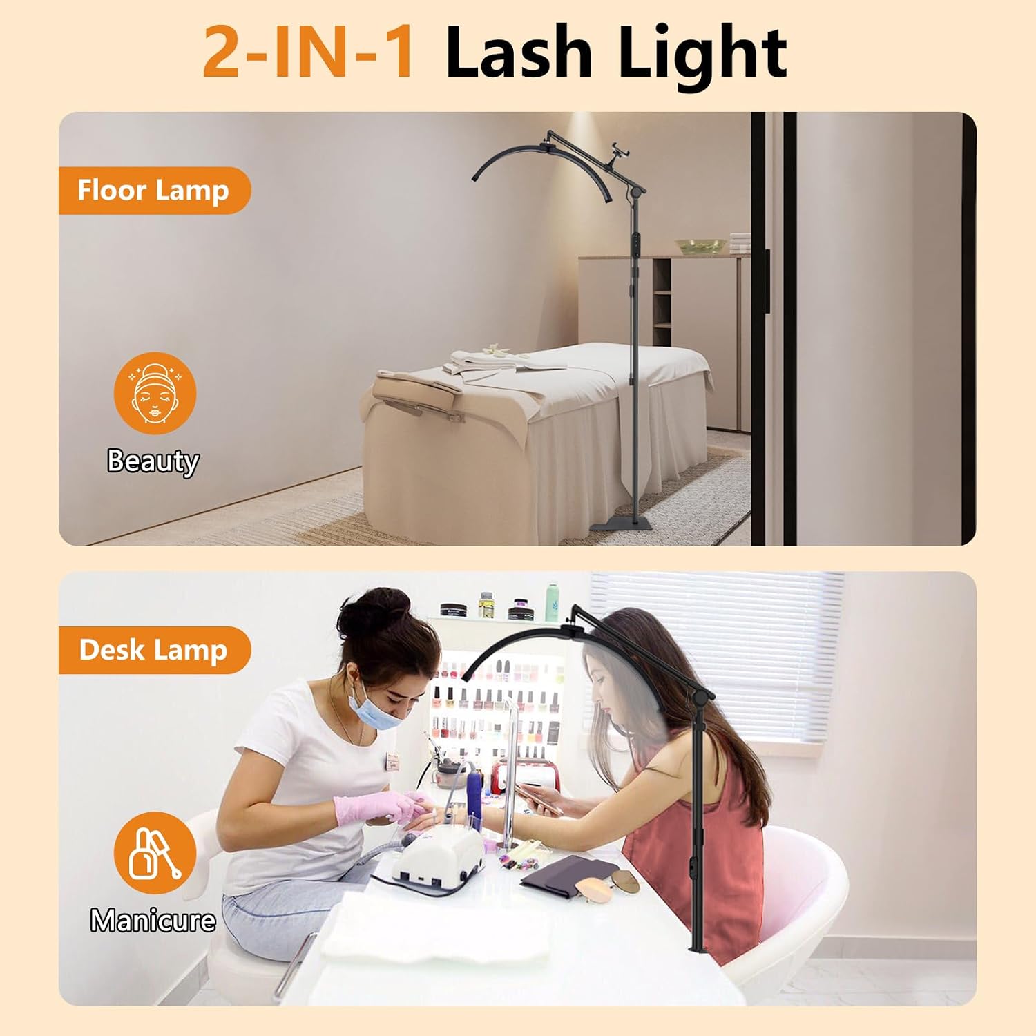 Lash Light for Eyelash Tech, 2 in 1 70cm Half Moon Lash Lamp with Phone Holder & Desk Clip, for Esthetician, Eyelash Extension, Tattoo, Nail Tech, Beauty, 3 Light Modes - Black