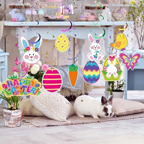 Miniatura 7 de Decoraciones de techo de remolino colgante de Pascua, huevo de Pascua, conejo, decoraciones de papel de aluminio para el hogar, oficina, escuela,