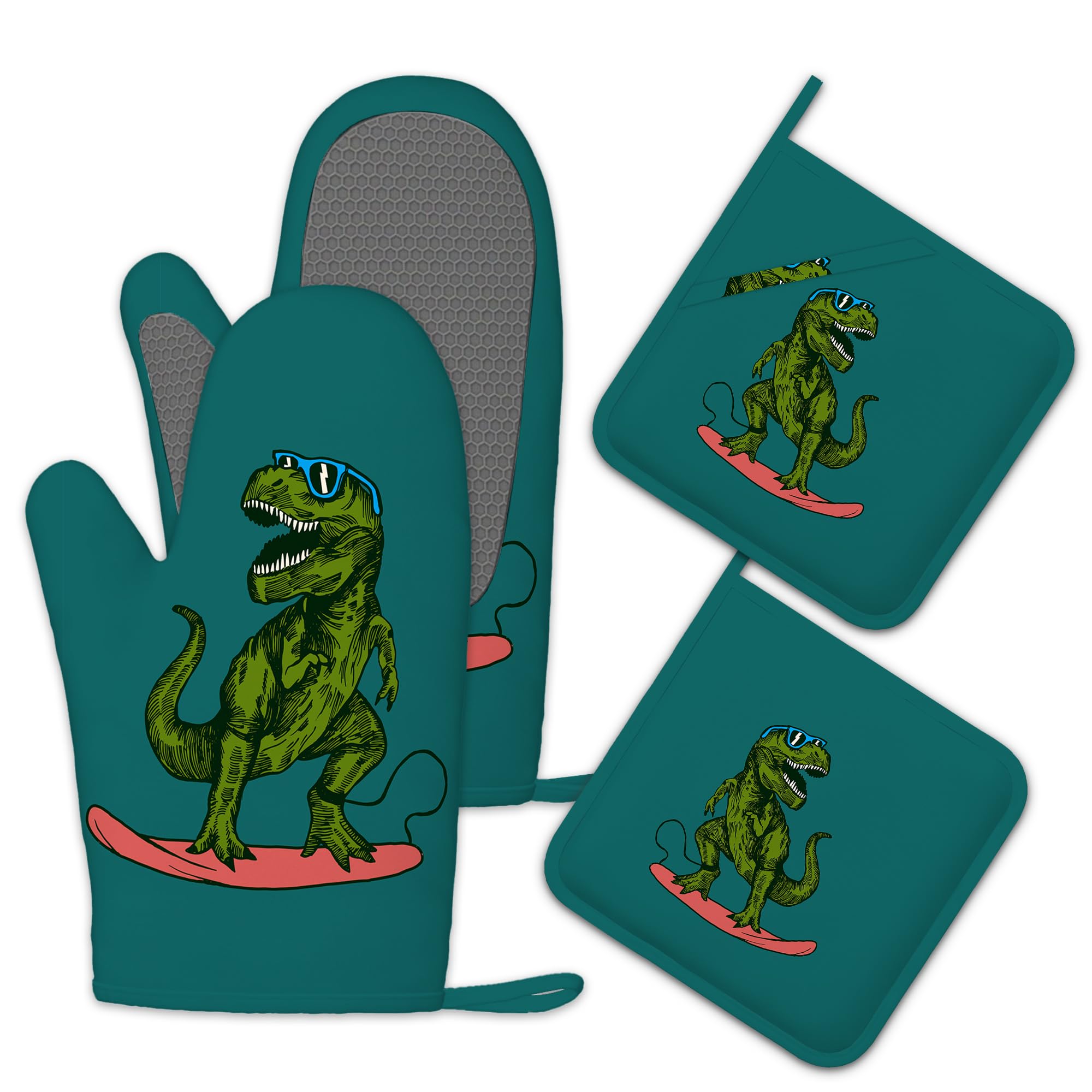 Dinosaur Surfer Oven Mitts and Pot Holders Sets Silicone Kitchen Mitts Potholders Heat Resistant 4Pcs Oven Gloves Hot Pads for Kitchen Baking Cooking BBQ Grilling