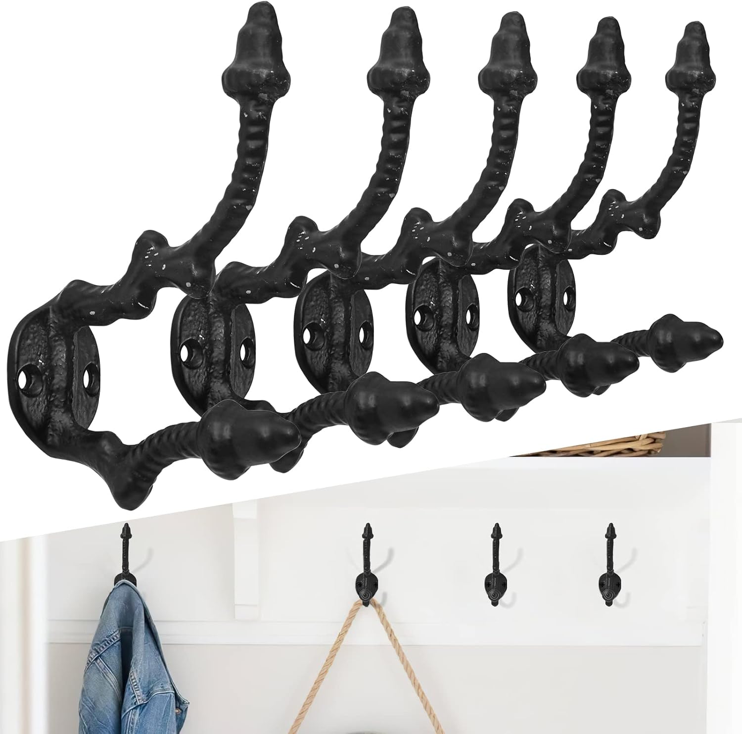 Industrial Pipe Hooks 5 Pack with Black Valve Wheel, All-Black Steampunk Wall Mounted Hooks, Heavy Duty Wrought Iron Decorative Hanger, Vintage Farmhouse Style Retro Metal Hooks for Coat, Hat, Towel