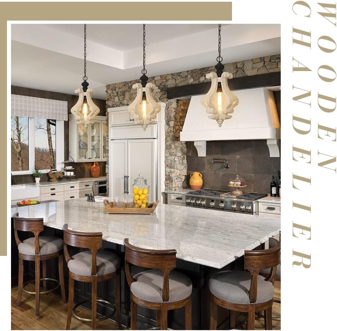 12.4" French Country Wood Pendant Light Mini Modern Vintage Farmhouse Distressed Wooden Pendant Light Modern Rustic Pendant Light for Kitchen Island, Dining Room, Bedroom, Hallway, Entryway