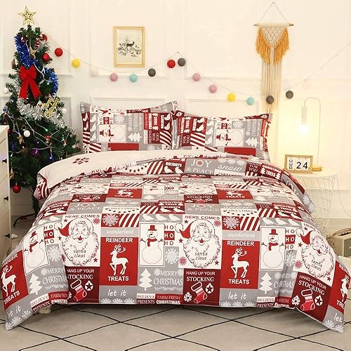 iyoimono Juego de funda de edredón de Navidad, tamaño Queen, color rojo, blanco, Papá Noel, reno, muñeco de nieve, juego de ropa de cama para Año