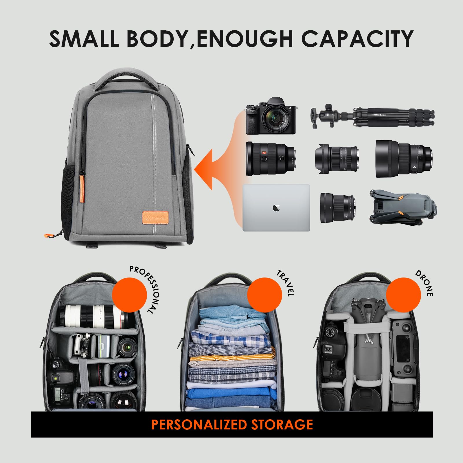 TARION Mochilas grandes para cámara para fotógrafos, bolsa impermeable para cámara, mochila de fotografía con compartimento para laptop de 15.6 pulgadas, cubierta de lluvia, soporte para trípode de