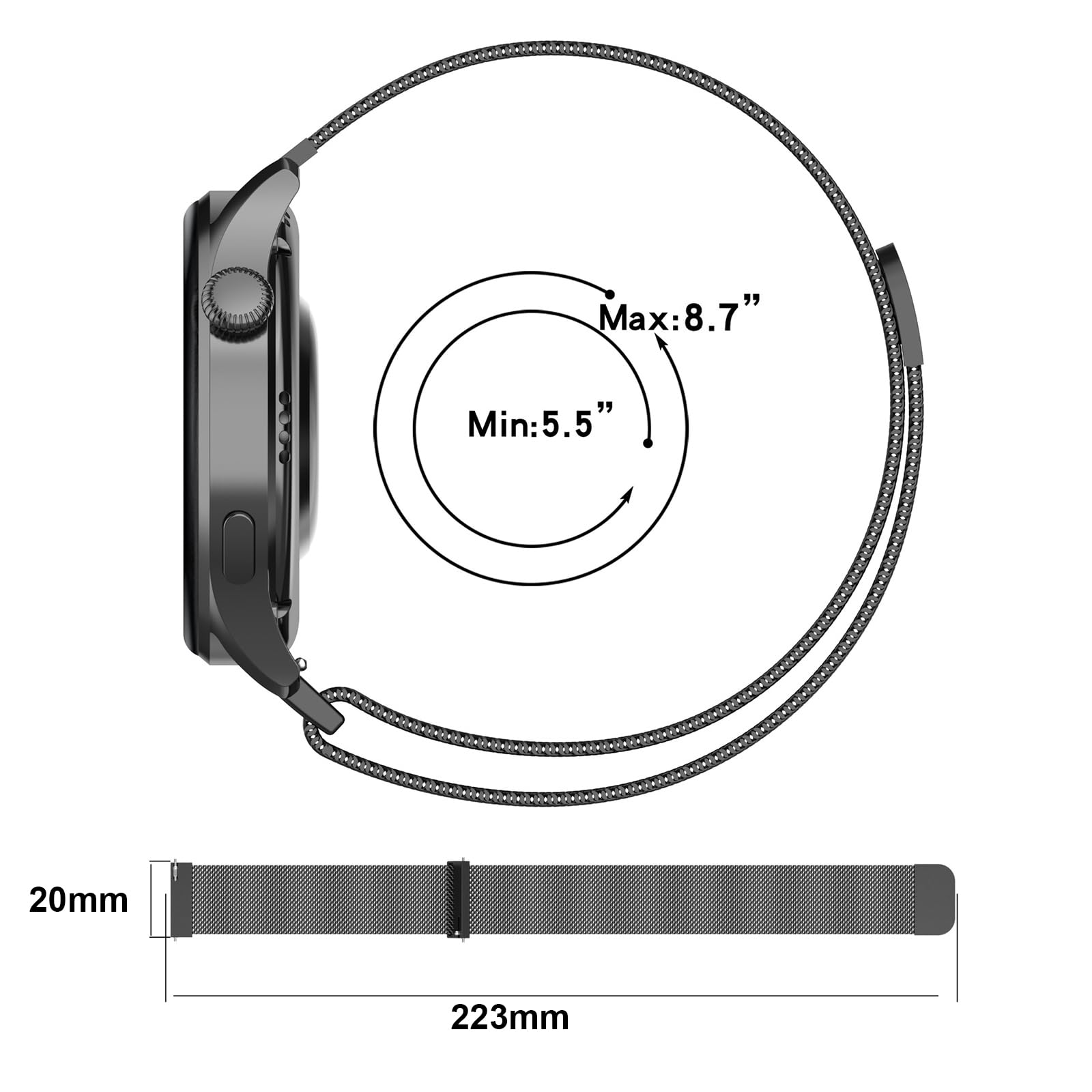 Magnetyczny pasek zamienny do zegarka Garmin Vivoactive 6/5/3, 20 mm, regulowany, metalowy, stal nierdzewna, do Garmin Vivomove 3 / Sport/Style/Luxe/Trend/HR, D2 Air X10/Bounce 2