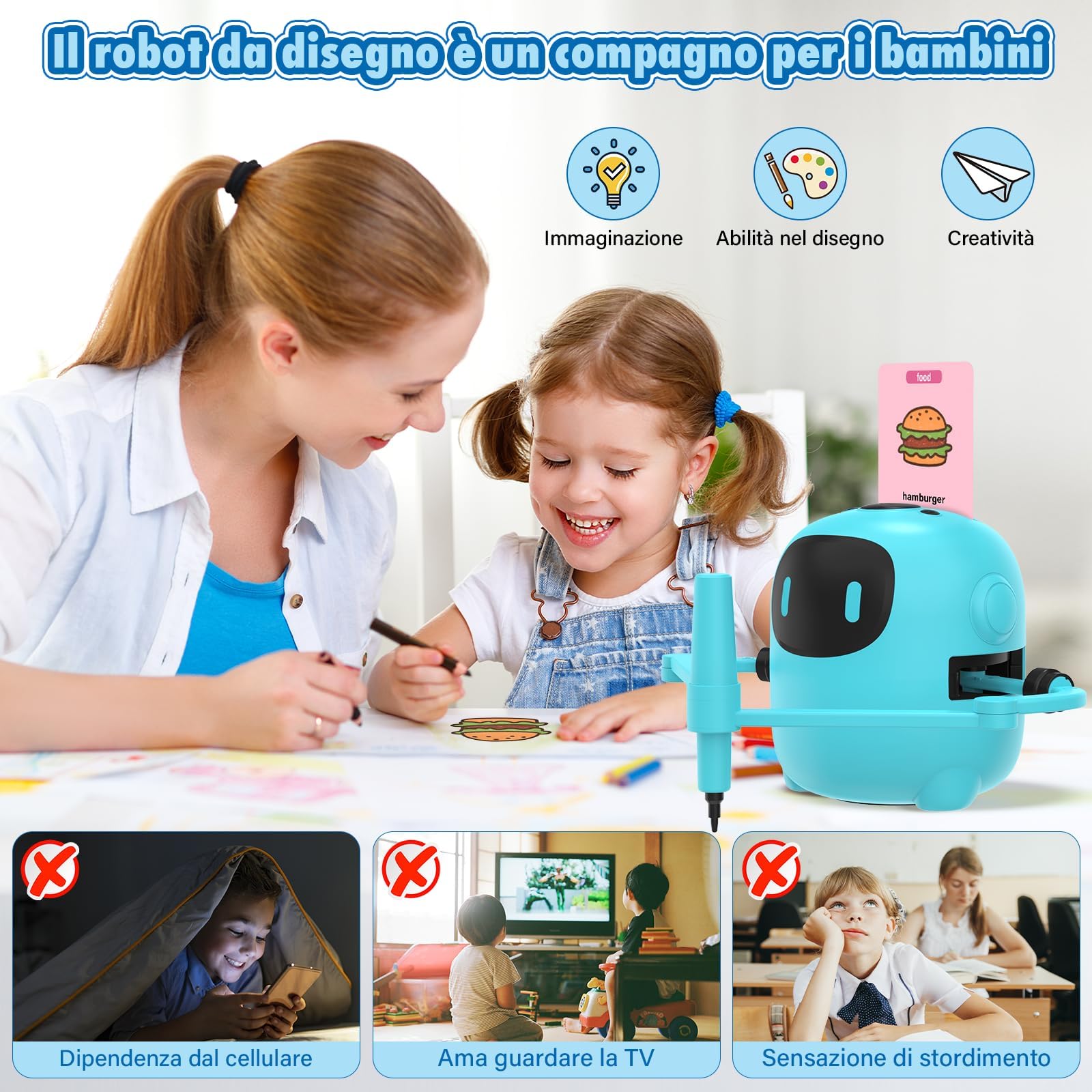 Ruycllo Robot da Disegno Interattivo per Bambini - Giocattolo Educativo con 100 Schede e Penna, Voce in Inglese, USB Type-C, Ricaricabile, per Apprendimento e Regalo Bambini 3–10 Anni (Blu)