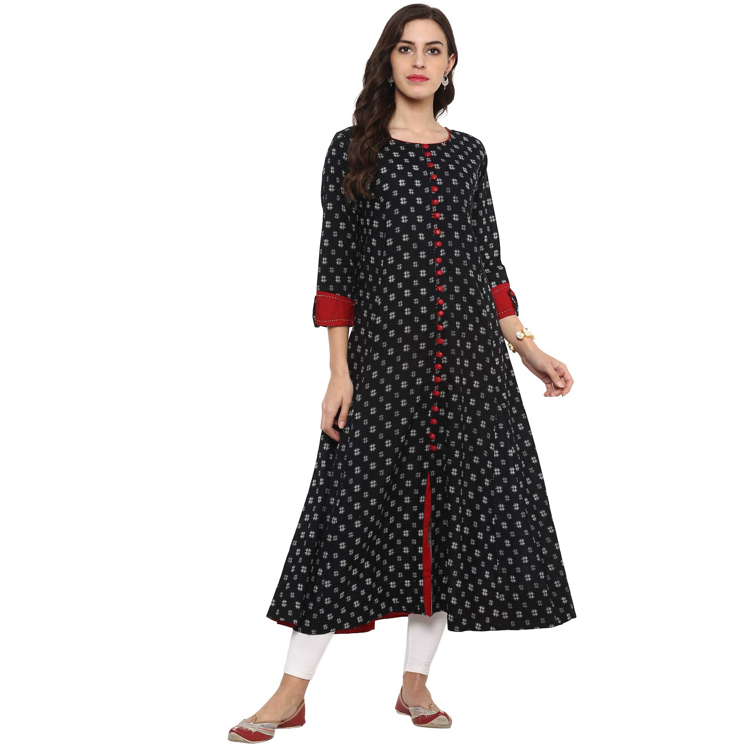 Indian Tunic Tops Women's Cotton Printed Anarkali Kurta (Black)