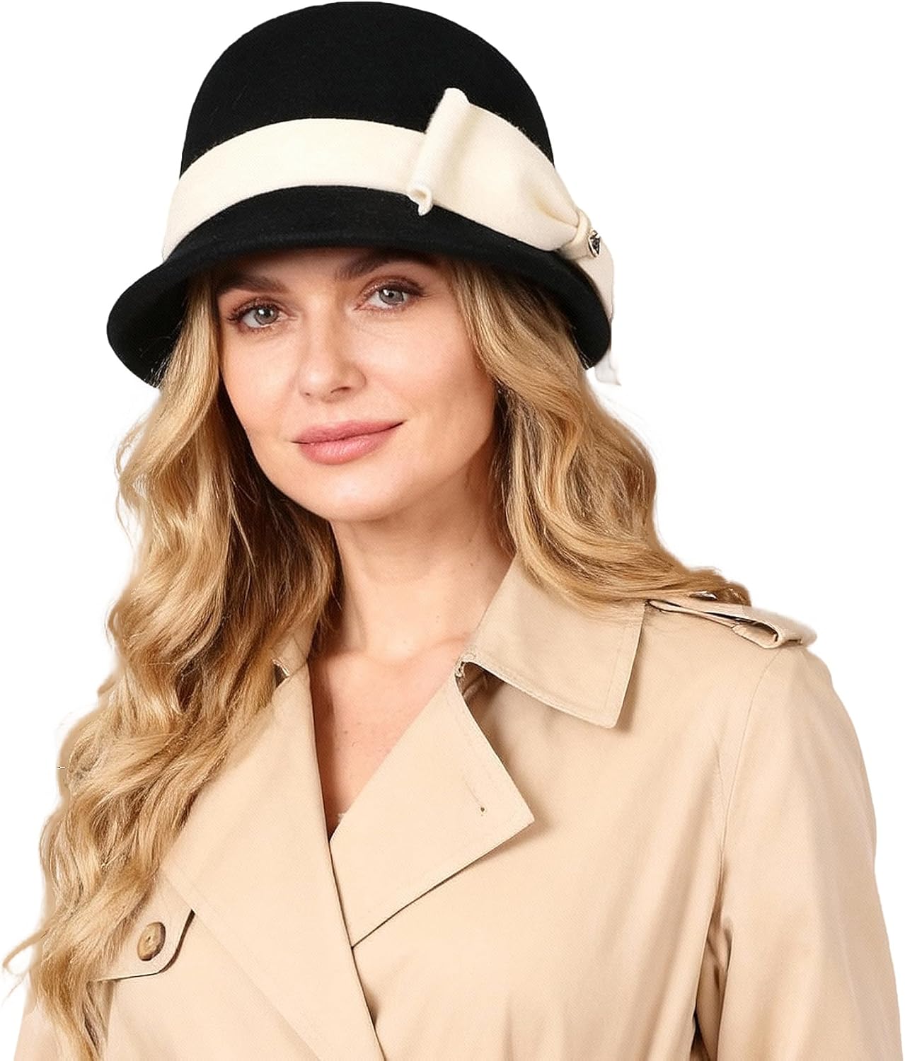 F FADVES Women Solid Color 100% Wool Winter Hat Women Cloche Bucket Bowler with Bowknot