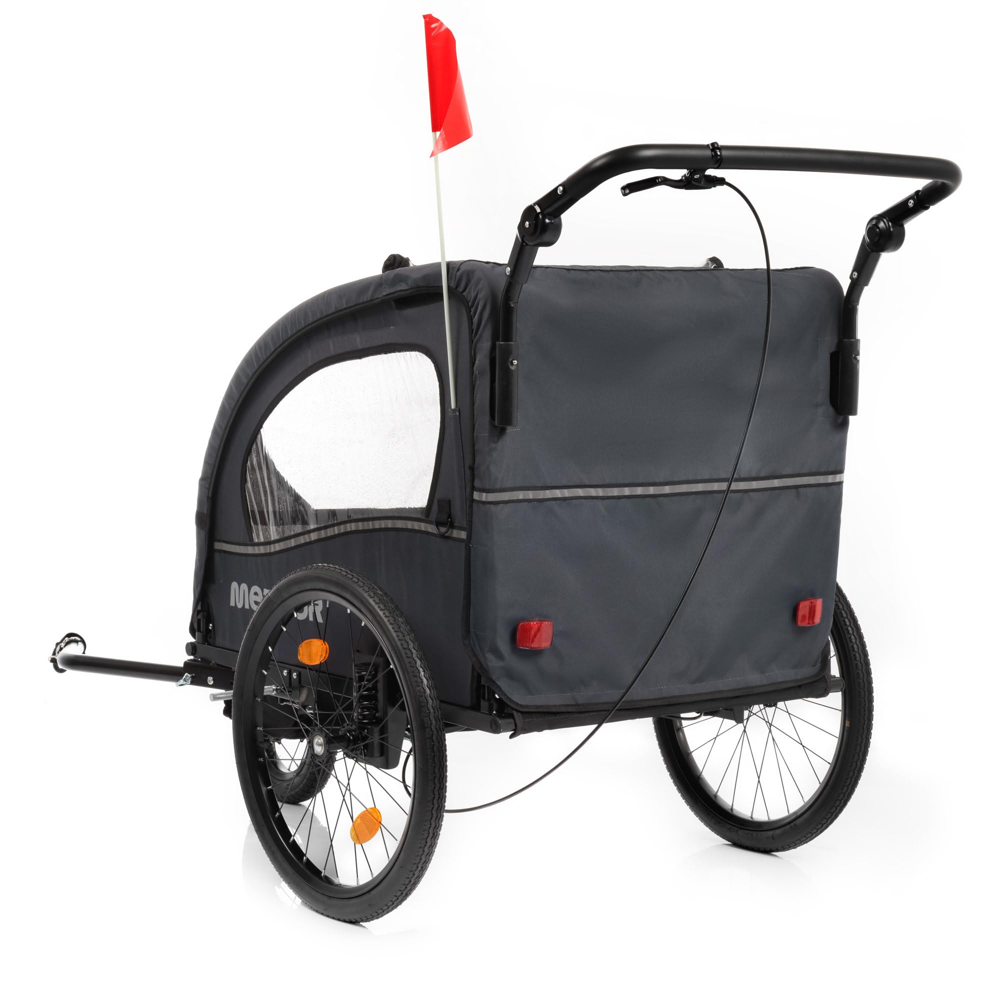 meteor Kinderfahrradanhänger 2 in 1 Fahrradanhänger und Jogger für 2 Kinder bis 44 kg ab 18 Monaten mit Regenverdeck Sicherheitsfahne Reflektoren Handbremse Stauraum Stahlrahmen Grau BX-50