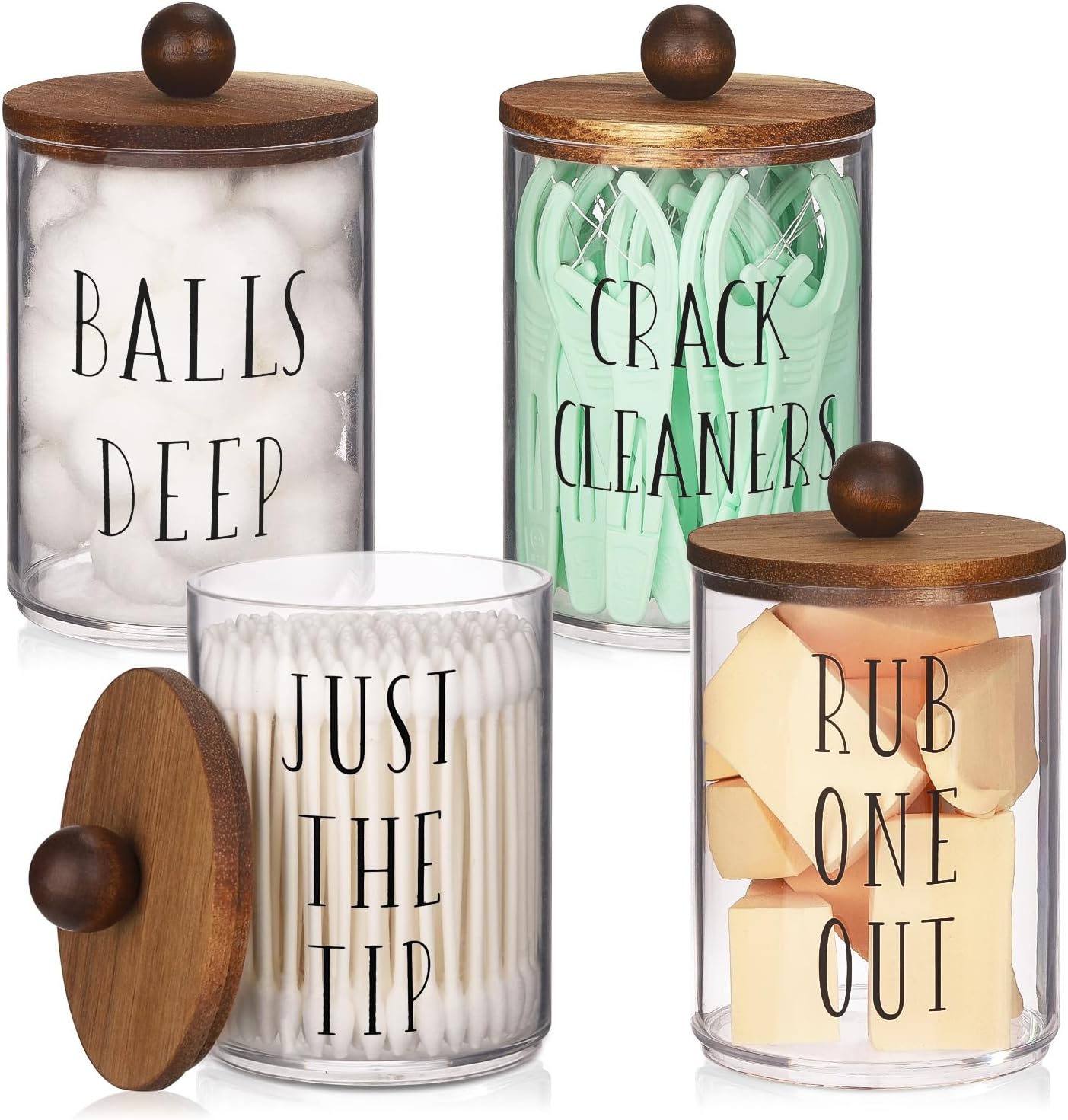 Amazon.com: 4 Pack Qtip Holder with Wood Lids - 10 oz Plastic Apothecary Jar Containers for ...