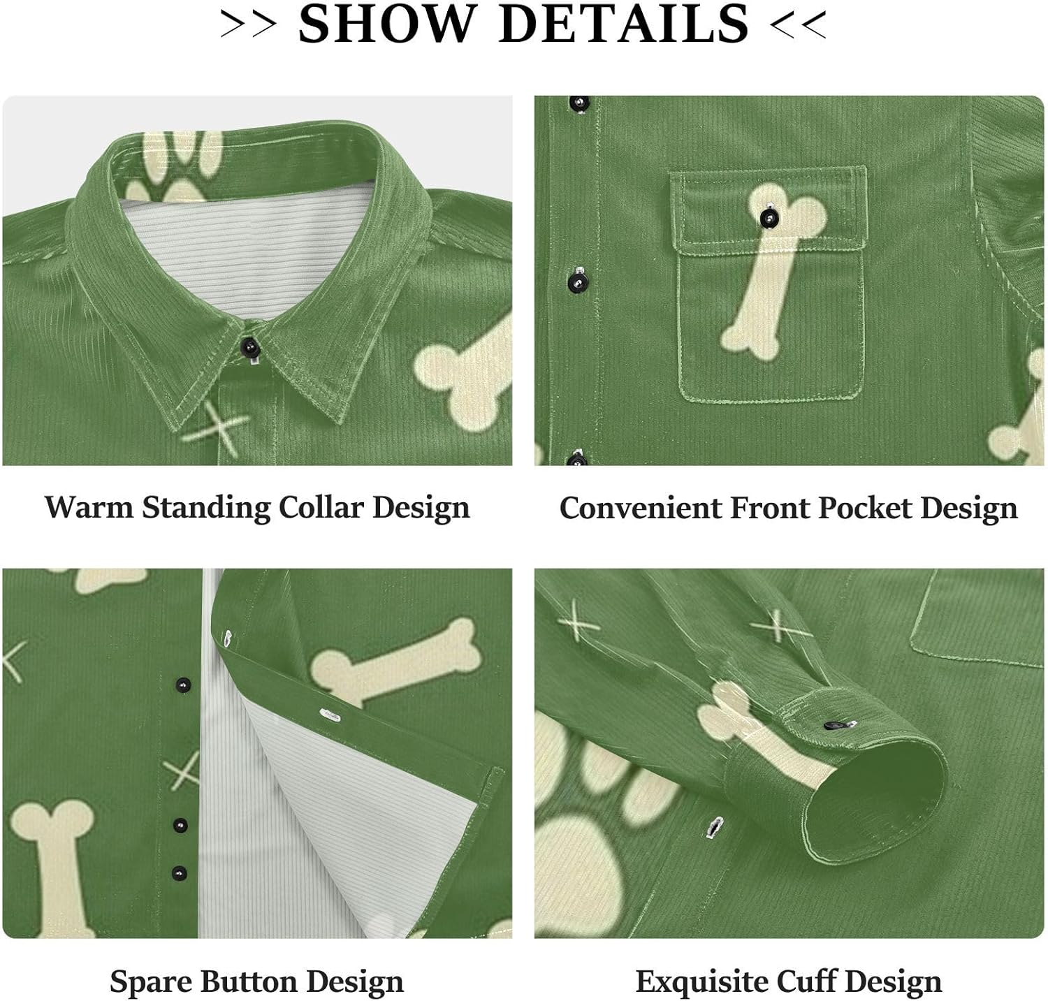 Paw Prints Green Woolen Cord Fabric Mens Rugby Shirts Long Sleeve for Women Print with Pockets