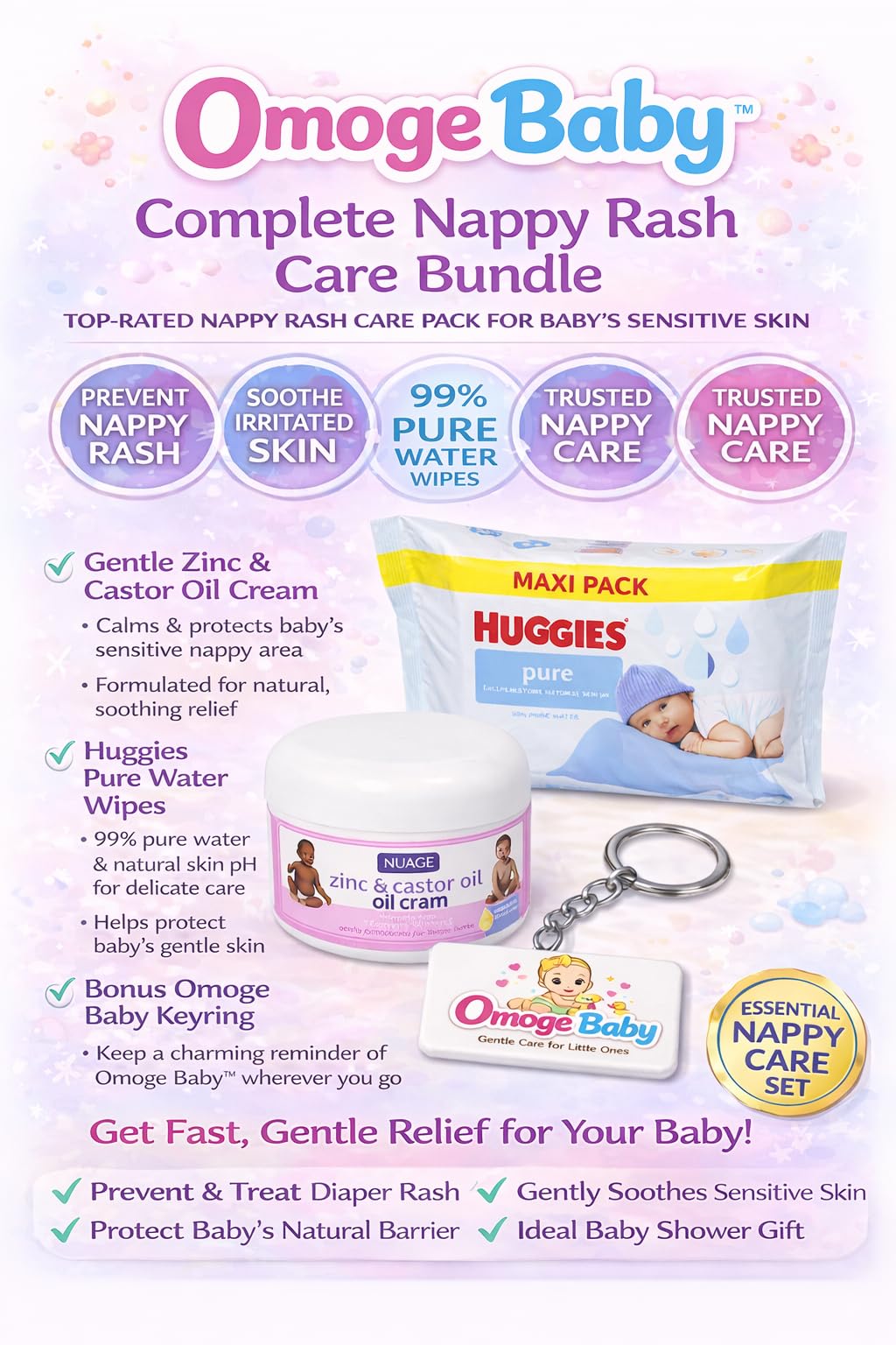 Newborn Nappy Care Bundle - Zinc Castor Oil Nappy Cream + Plastic Free Baby Wipes + Omoge Keyring - Image 4