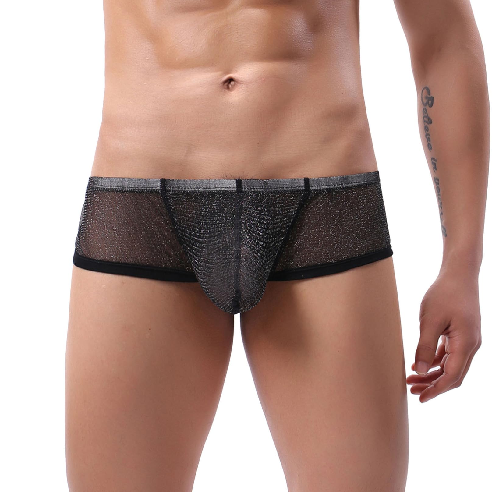 iiniim Mens Hipster Glitter Sheer Boxer Briefs Semi See-Through Bulge Pouch Self Butt Underwear