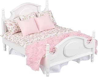 Dollhouse Furniture Mini Bed Set, Realistic Bedroom Accessories for 6 inch Dolls, Pillow, Wooden Frame, 1/12 Scale (White Bed, Pink Bedding)
