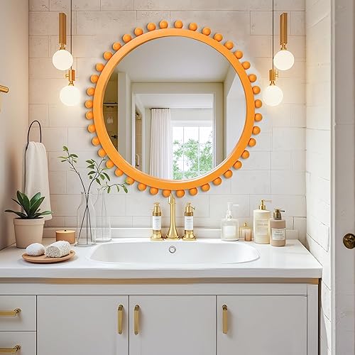 Miniatura 7 de Espejo redondo de madera con cuentas de madera, espejo de pared circular de 24 pulgadas para decoración de pared de sala de estar, baño, entrada,