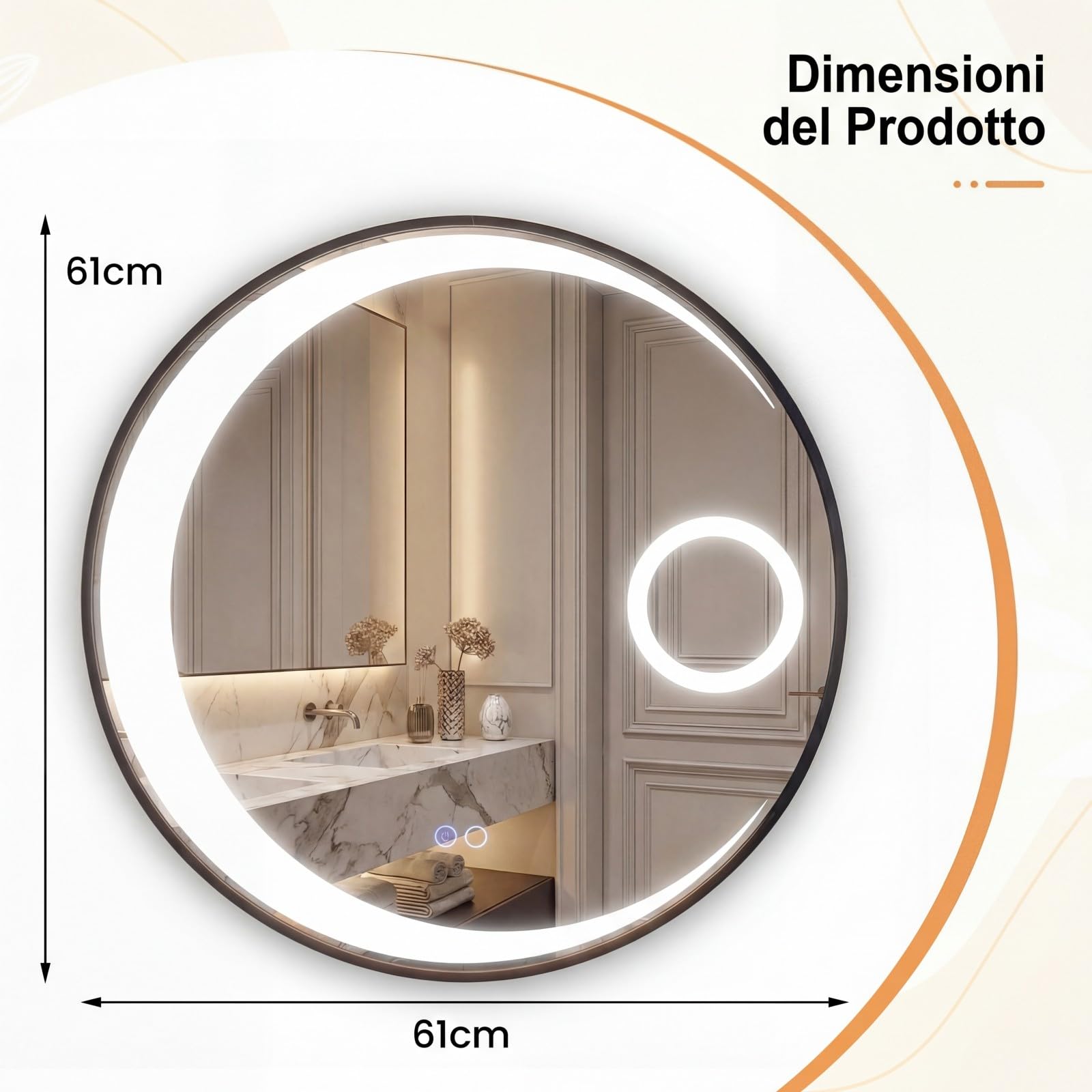 COSTWAY Specchio Bagno con Luce LED da 61 cm, Specchio Rotondo da Parete con Lente d'Ingrandimento 3X, Antiappannamento, 3 Colori Luce, 3000K-6500K, Luminosità Regolabile, IP44