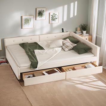 Queen Daybed with Storage, Upholstered Corner Bed Frame, Queen Size Day Bed with Drawers, Floor Bed Frame with USB Charging, L Shaped Bedframe with Solid Slats Support for Teens Adults, Beige