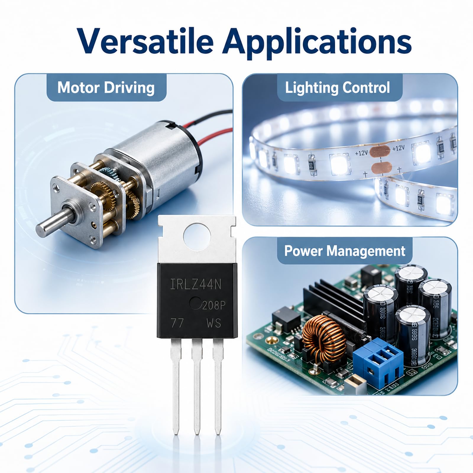 10 Stück IRLZ44N Transistor, N-Kanal MOSFET TO-220 55V 49A Logic Level Feldeffekttransistoren für Netzteile, Schaltungen, LED Steuerung und DIY Projekte, hohe Effizienz und schnelle Schaltleistung.