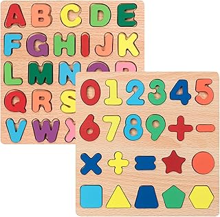 Wooden Puzzles for Toddlers, 2pack Alphabet Shape Puzzles for Kids Wooden Montessori Toddler Puzzles Wooden Alphabet Number Shape Puzzles for Kids 3 Years Old Boys & Girls