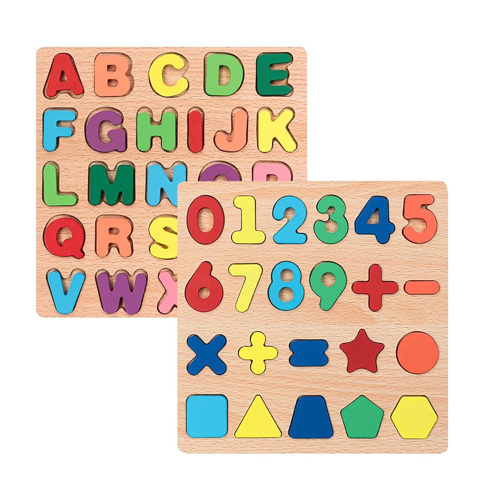 Wooden Puzzles for Toddlers, 2pack Alphabet Shape Puzzles for Kids Wooden Montessori Toddler Wooden Alphabet Number Shape for Kids 3 Years Old Boys & Girls