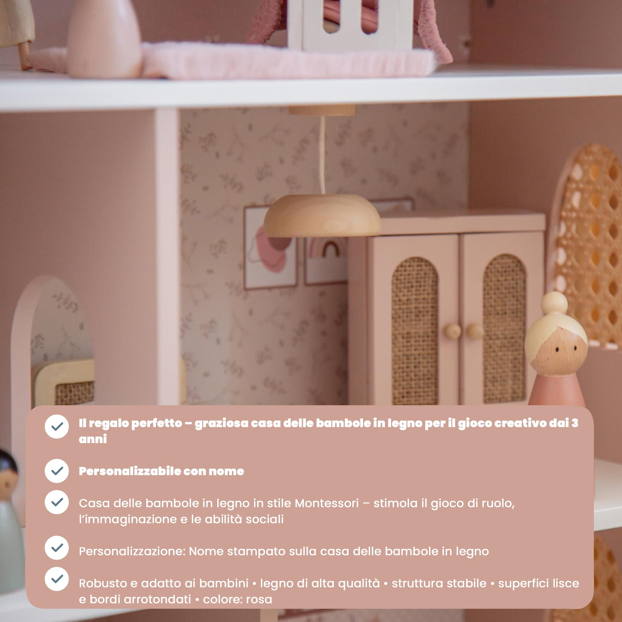 Personalizzabile Casa delle Bambole in Legno Rosa – Ispirata al metodo Montessori & Gioco di Ruolo – dai 3 Anni – Personalizzata con Nome – Label Label