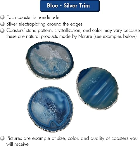 Miniatura 2 de Nature's Decorations Juego de 4 posavasos de ágata con borde azul y plateado de alta calidad, manteles de piedra auténtica para comedor y bebidas,