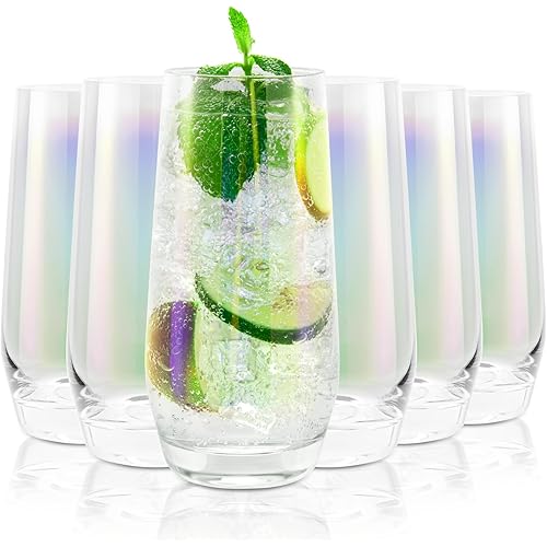 SHOWLOUE 18.3 oz Large Drinking Glasses, 6PCS Tall Glass Sets, Lead-Free Crystal Glass Drinking Glasses, Iridescent Glassware for Mixed Drinks, Water, Juice, Cocktail