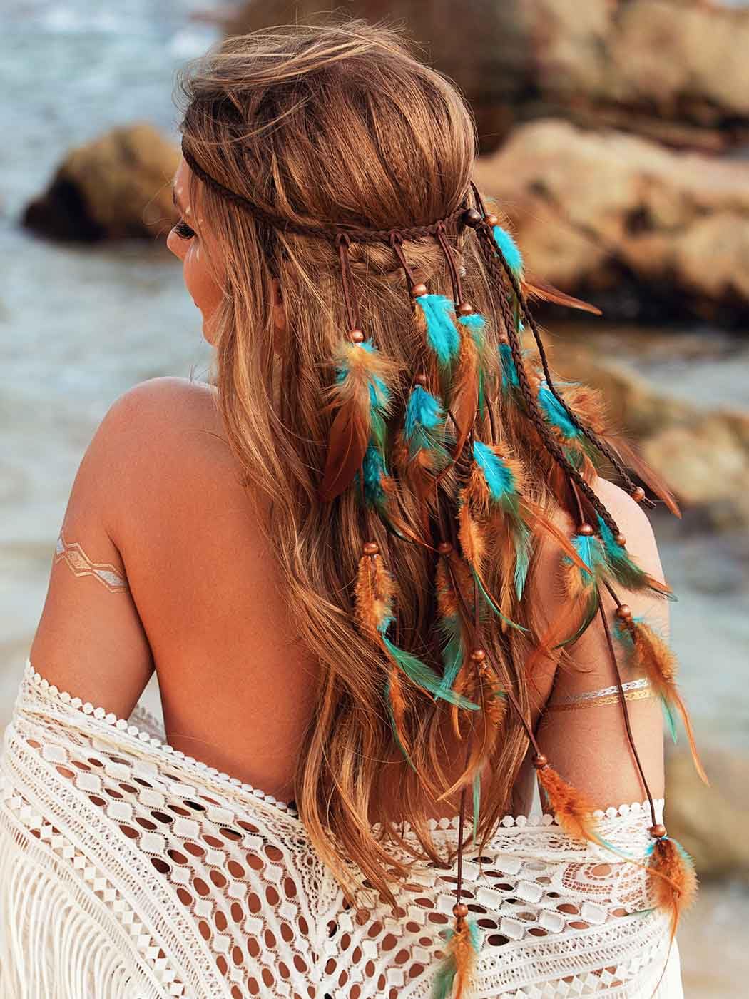 GORTIN Boho Feather Headband Gypsy Costume Headdress Black Bohemian Hippie Headbands Indian Festival Hair Band Adjust Long Feather Headpiece Hair Accessory for Women and Girls (Blue+Brown) - Image 4