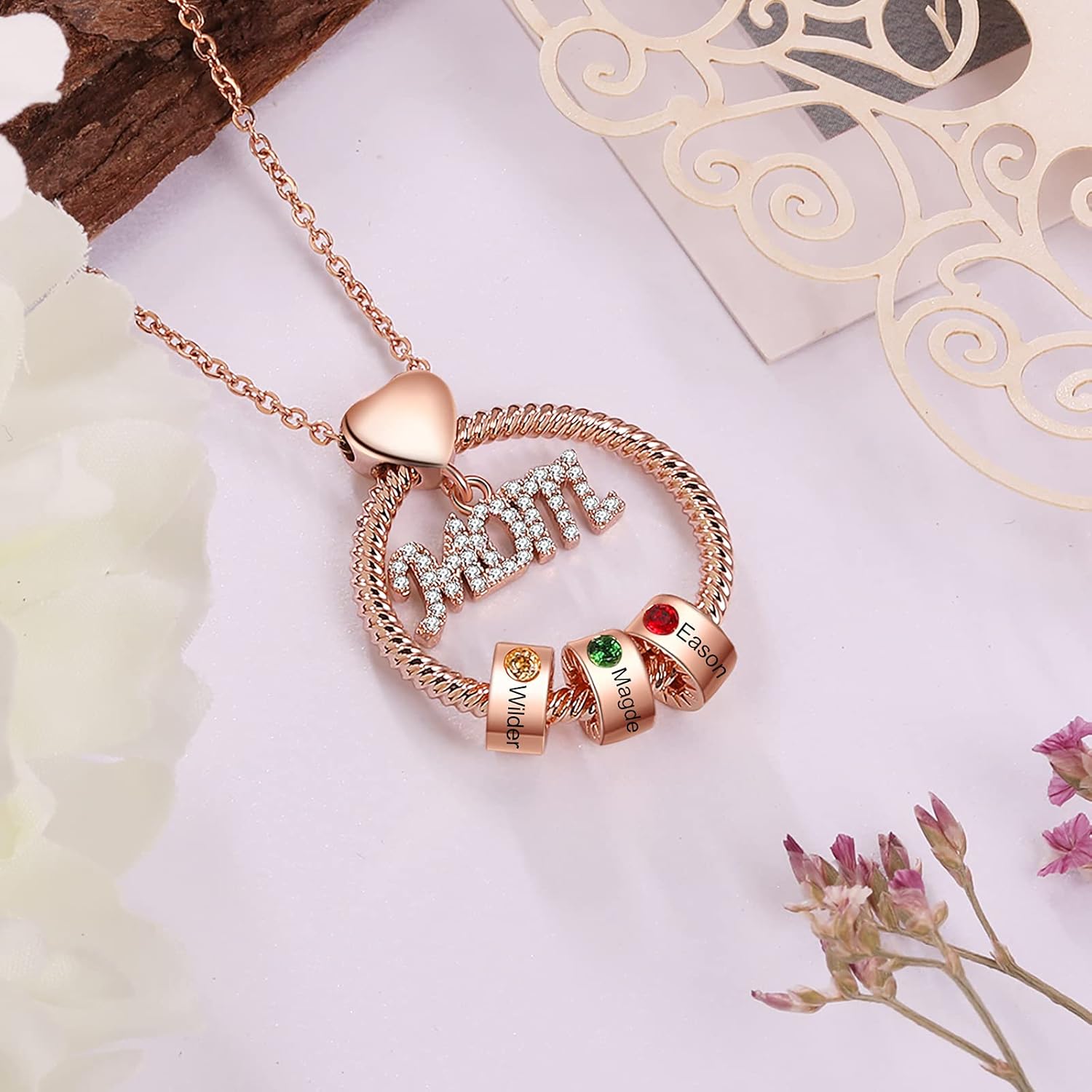 Personalized Mothers Necklace, Custom Birthstone Necklace for Women with Name Engraved Heart Promise Necklace for Her