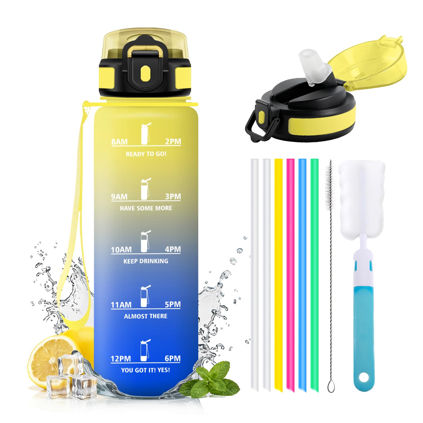 Borraccia Sportiva 1L, Borraccia con Cannuccia, a Prova di Perdite, Bottiglia Acqua con Indicatore del Tempo, per Scuola, Ufficio, Lavoro, Studenti, Ufficio, Palestra