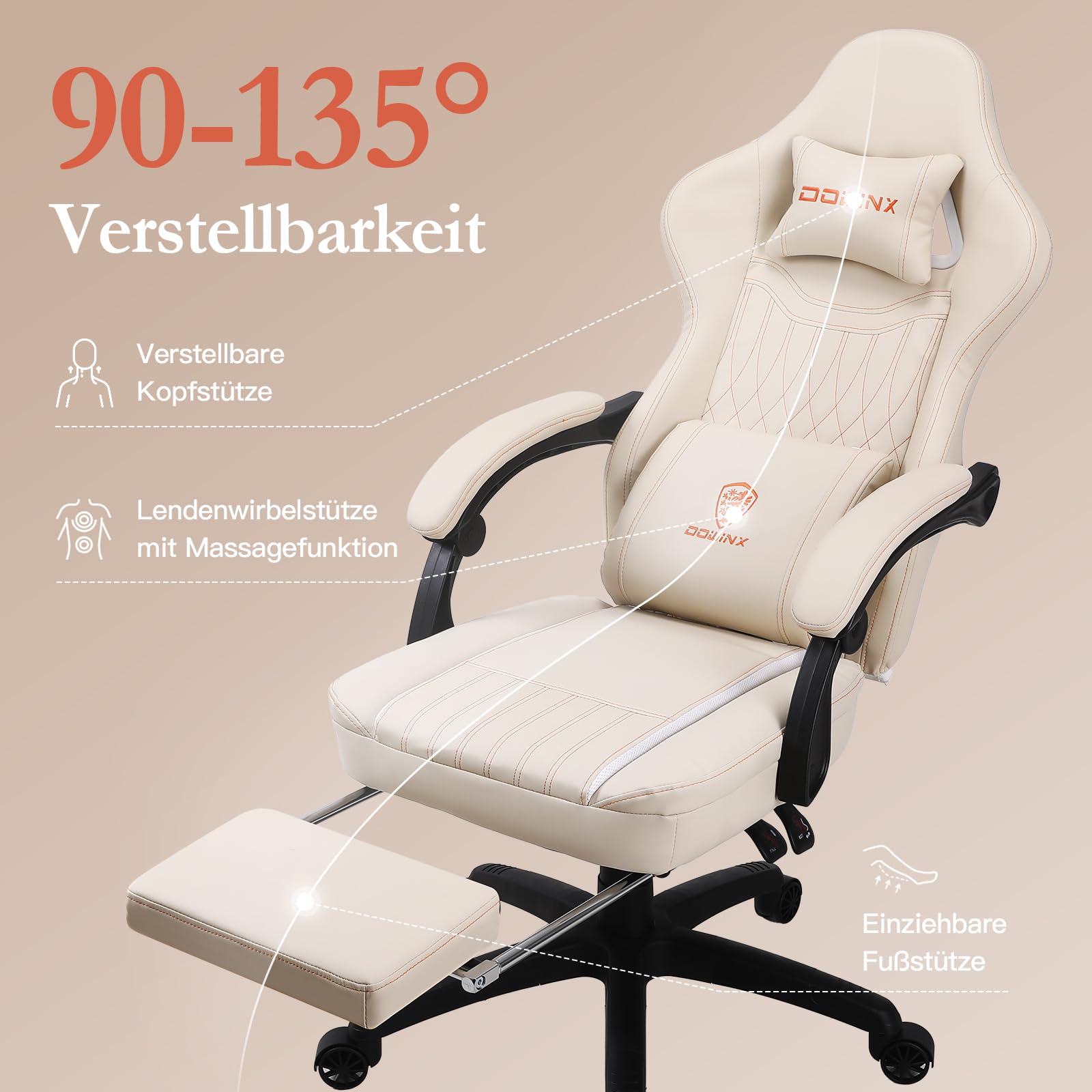 Dowinx Chaise de Jeu Ergonomique avec Coussin de Printemps et Support Lombaire de Massage, Fauteuil de Bureau en Cuir synthétique Blanc