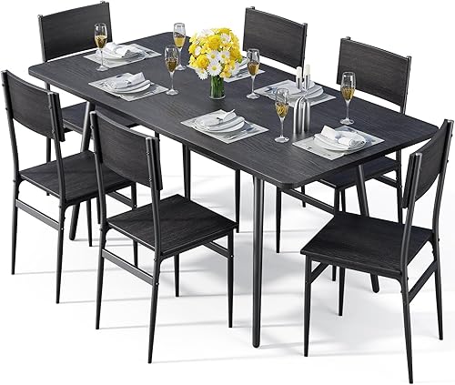 Qsun Juego de mesa de comedor de 7 piezas para 4-6, 63 pulgadas, juego de mesa de cocina extensible grande con 6 sillas, juego de mesa de comedor