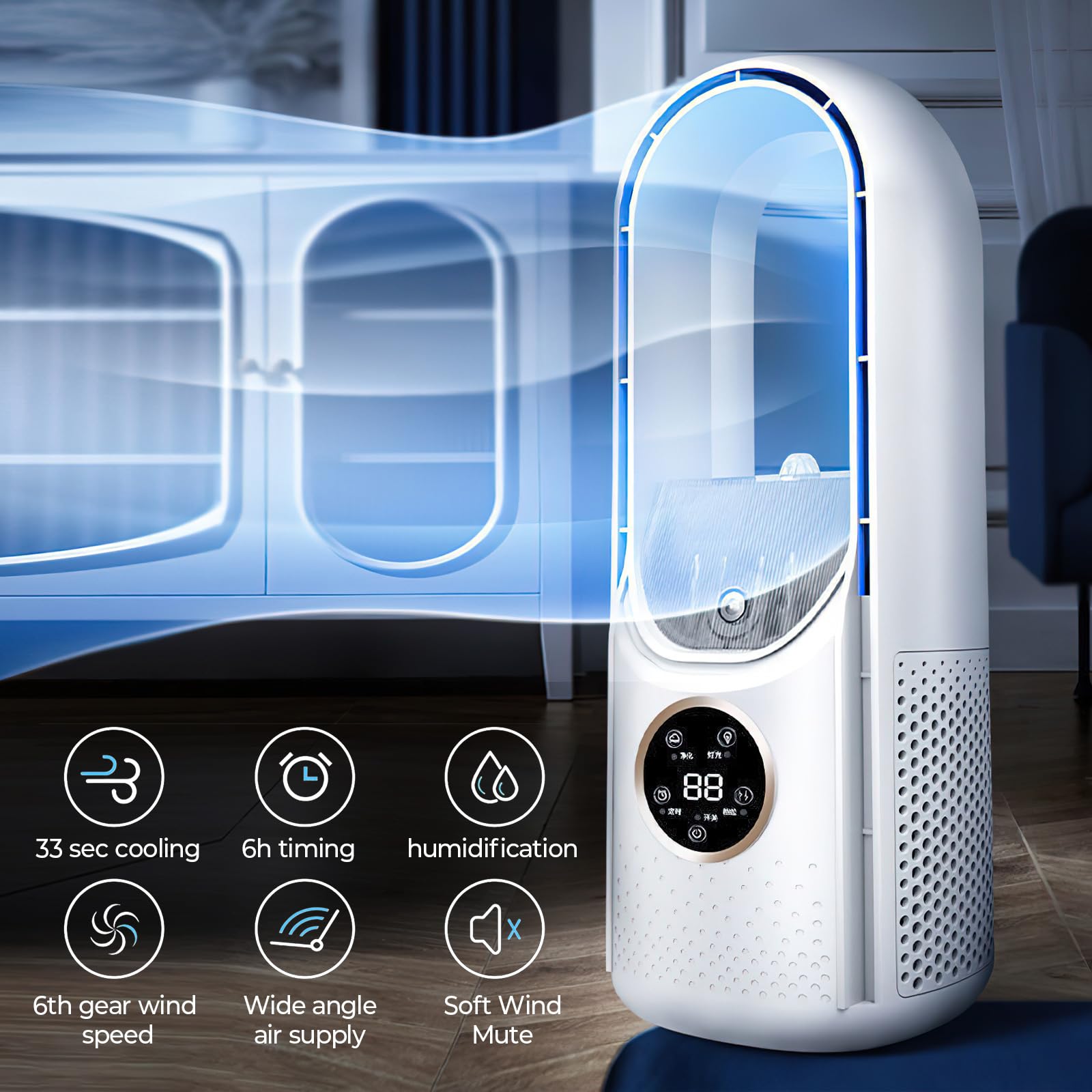 Ventilator ohne Flügel, leiser Ventilator ohne Flügel, Timer 6 Stunden, 6 Geschwindigkeitsstufen, Befeuchtung, Touch-Steuerung, ideal für Büro und Schlafzimmer (weiß)