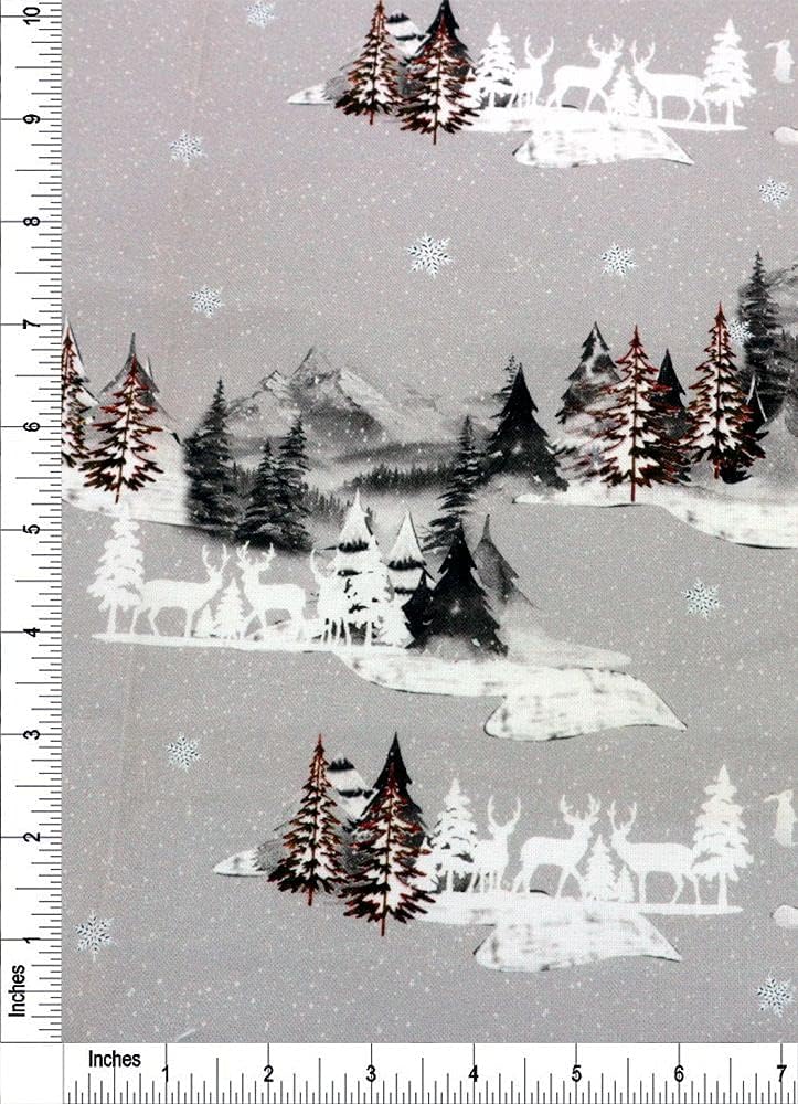 Winter Forest Friends Design 100% Cotton Quilting Fabric by The Yard (White, Brown, Black, Grey)