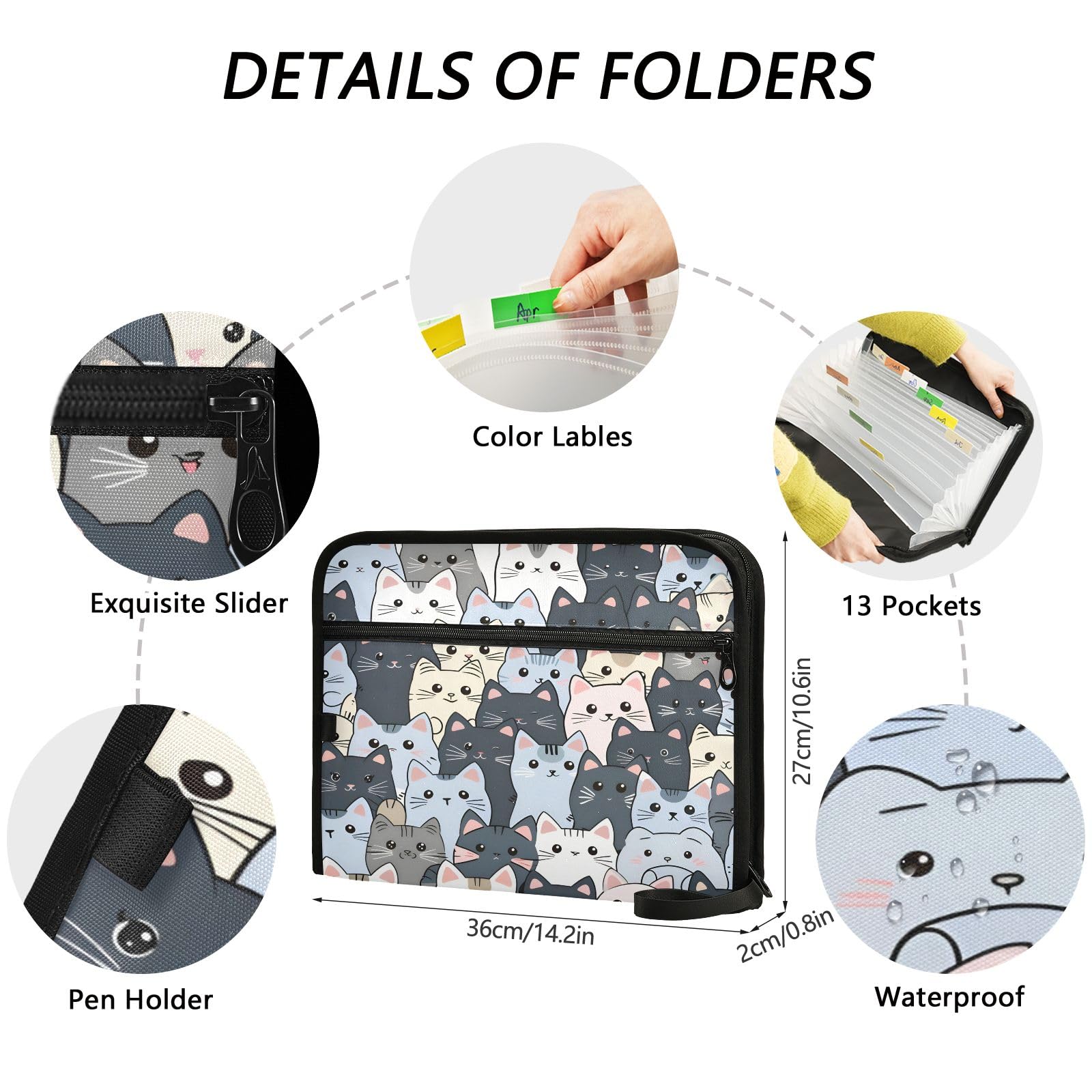 Cute Lovely Cats File Organizer 13 Pocket Expanding File Folder with Front Pouch Portable Business Fire Storage Document Organizer Folder with Zipper - Image 3