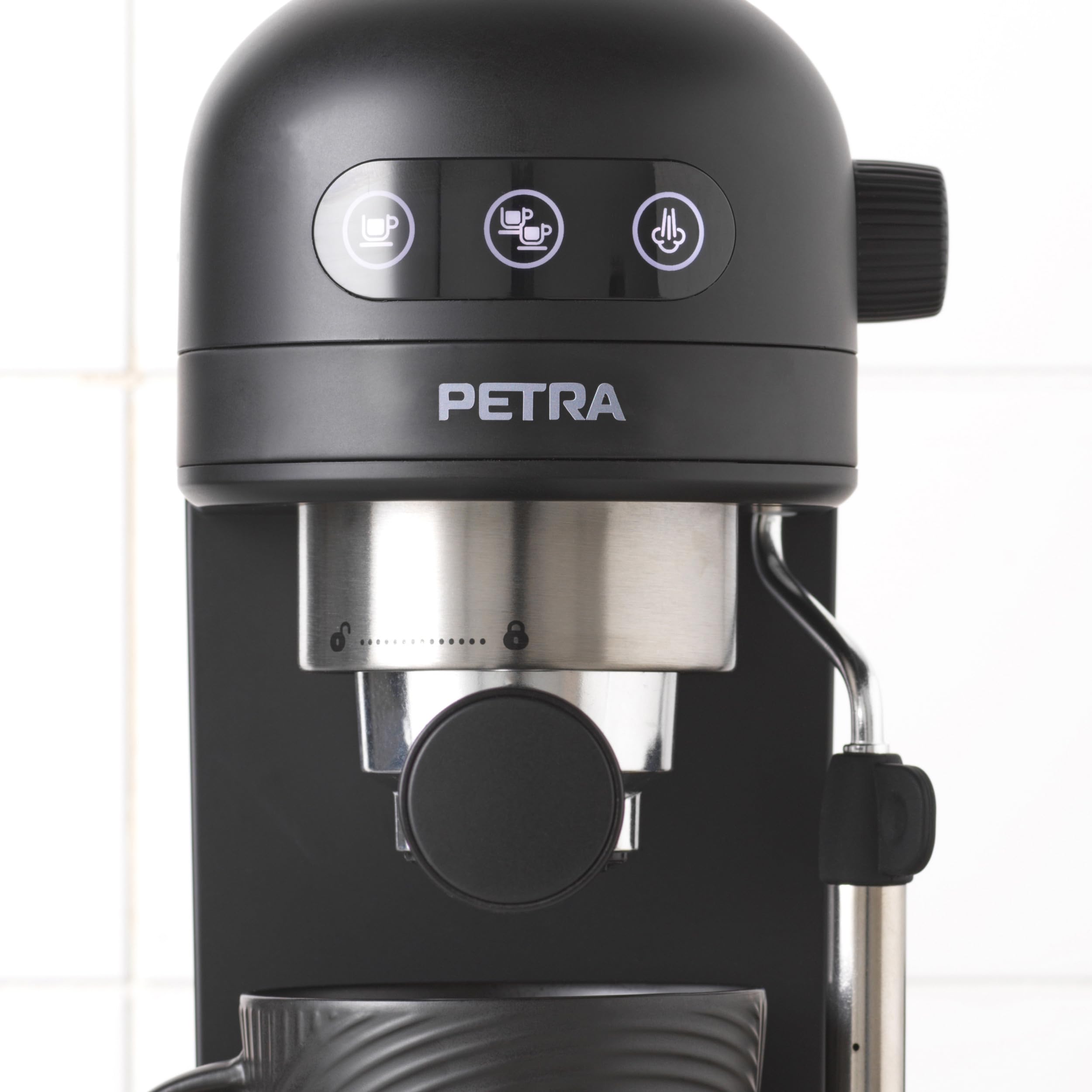 Petra PT5240 Cafetera Espresso - con espumador de leche, depósito de 1,4 l, expreso de estilo barista simple o doble, Máquinabomba de presión italiana de 15 bares, apta para café molido, 1465 W, negra