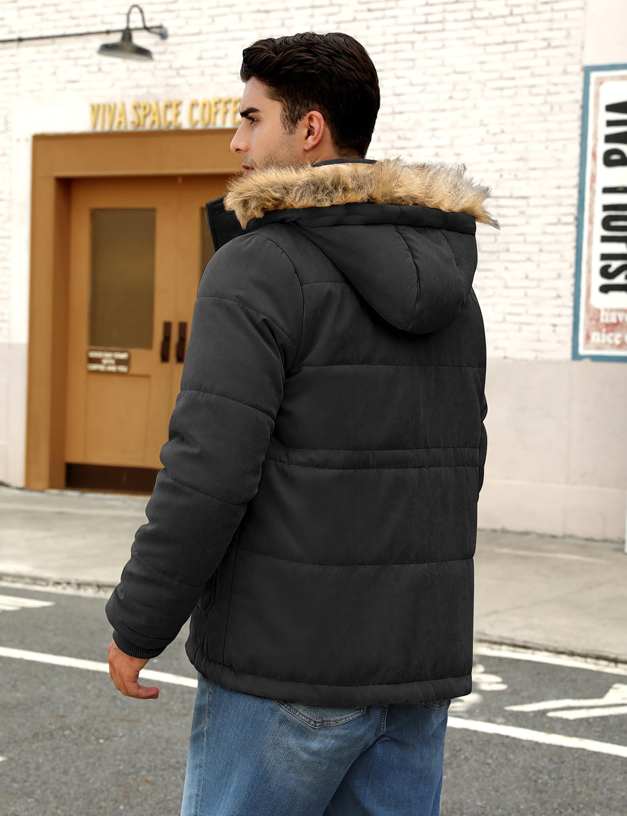 Homme Manteau D'hiver Veste Chaude Blouson À Capuche Fausse Fourrure Amovible Jacket Doublure Polaire D'extérieur Winter Décontractée Résistant Epaissé Avec Poches Coa