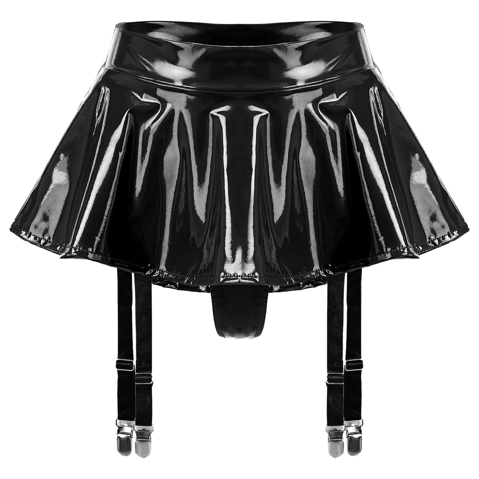 Hedmy Women Wet Look Pleated Vinyl Bodycon Mini Latex Skirt Tights Pencil Skirt Garter Belt Clubwear: Medium Black