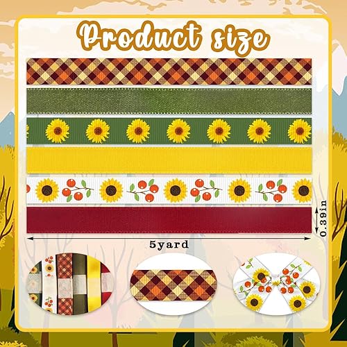 Miniatura 2 de 6 rollos de cintas de otoño de 30 yardas, cintas de grogrén de girasol otoñal, cereza, 38 pulgadas, cintas de cuadros de búfalo marrón, naranja,