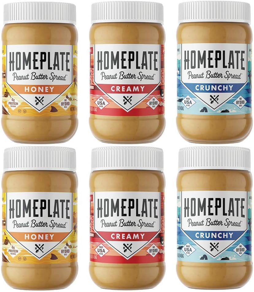 HomePlate Peanut Butter, Variety Pack, Crunchy, Creamy, & Honey Flavored, All Natural, No Stir, Non-GMO, 16 oz. Jar, Pack of 6