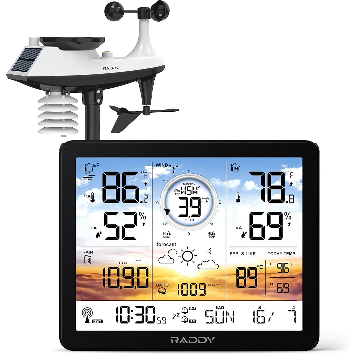 Raddy AG7 Weather Station Wireless Indoor Outdoor Thermometer, 7.4” Digital Color Display Atomic Weather Clock, Temperature Humidity Monitor with Weather Forecast and Barometric Pressure