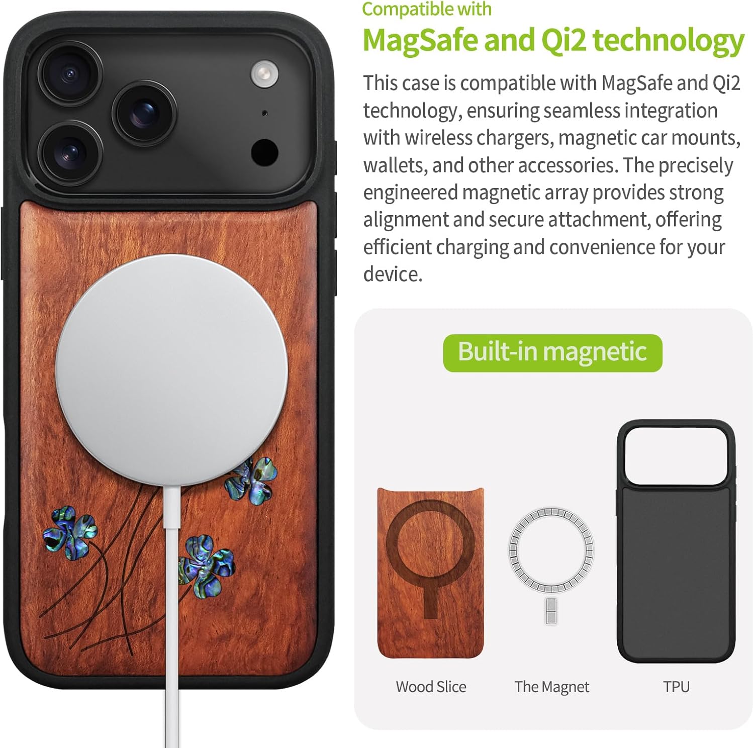 Carveit Magnetic Case for iPhone 17 Pro Case, Wood Artisan Engraved & Handmade Shell Inlaid, TPU Shockproof Cover, Compatible with MagSafe Wireless Chargers (Four Leaf Clover-Rosy)