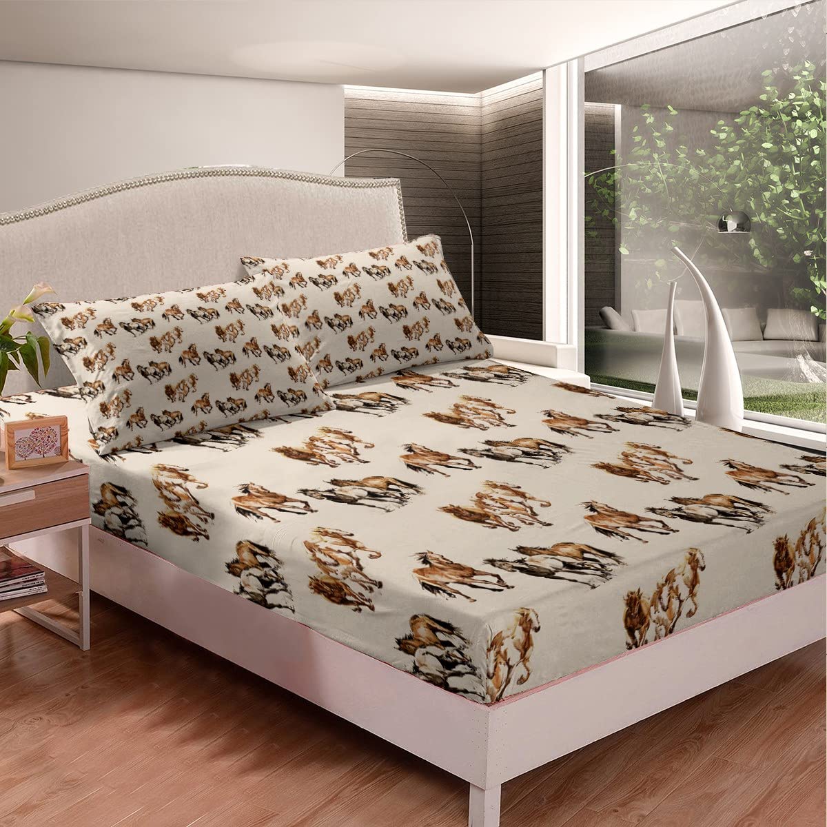 Kids Horse Lakenset voor Jongens Meisjes Galopperend Paard Beddengoed Set 3D Wild Dier Hoeslaken Wit Bruin Wildlife Bed Cover Dubbele Maat 3-delig