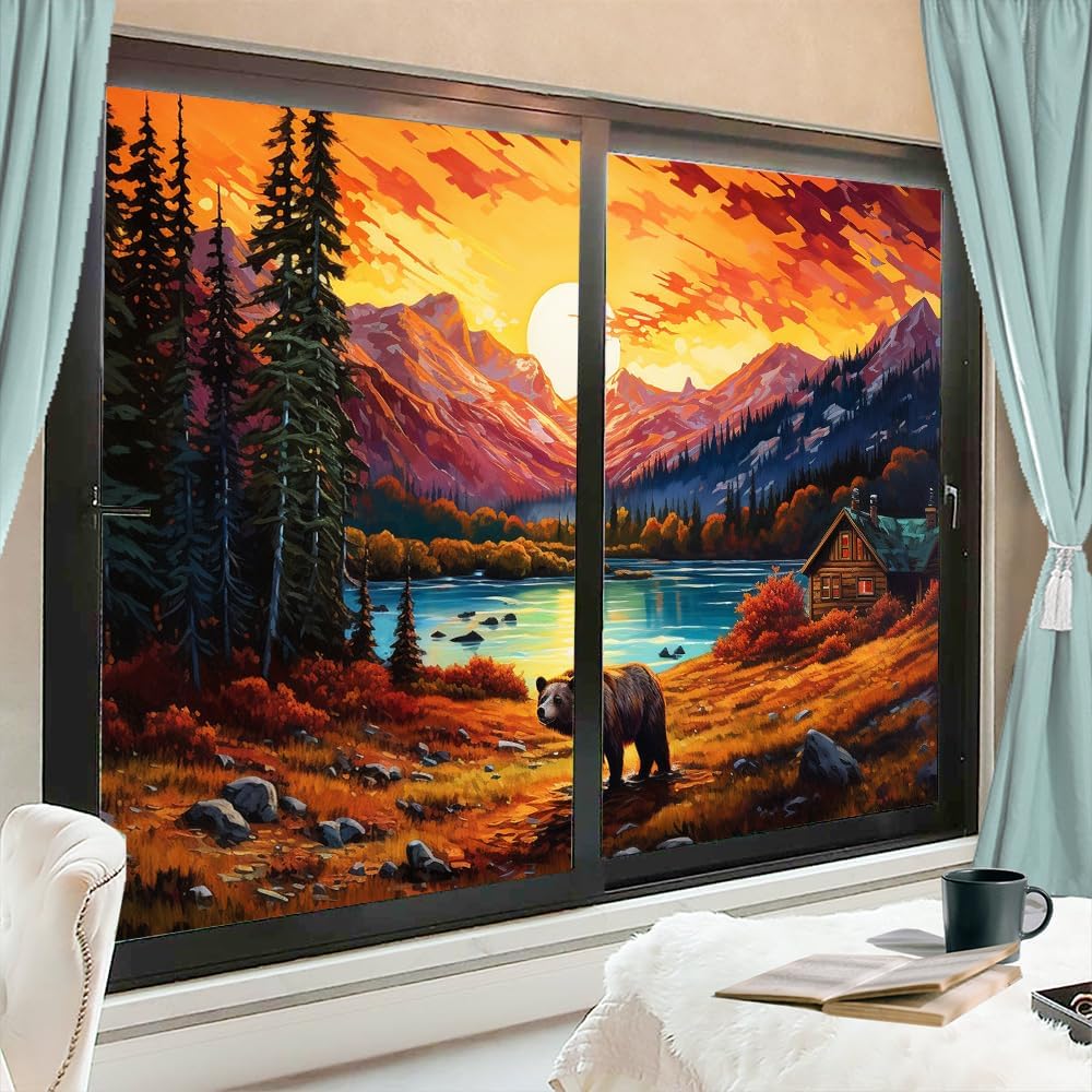 Country Rustic Bear Privacy Window Film Retro Mountains Sunset Nature Animal Stained Glass Window Coverings Adhesive Sticker Frosted Window Film for Home Office Stores 31.5Wx47.2L-inch x2 Pcs