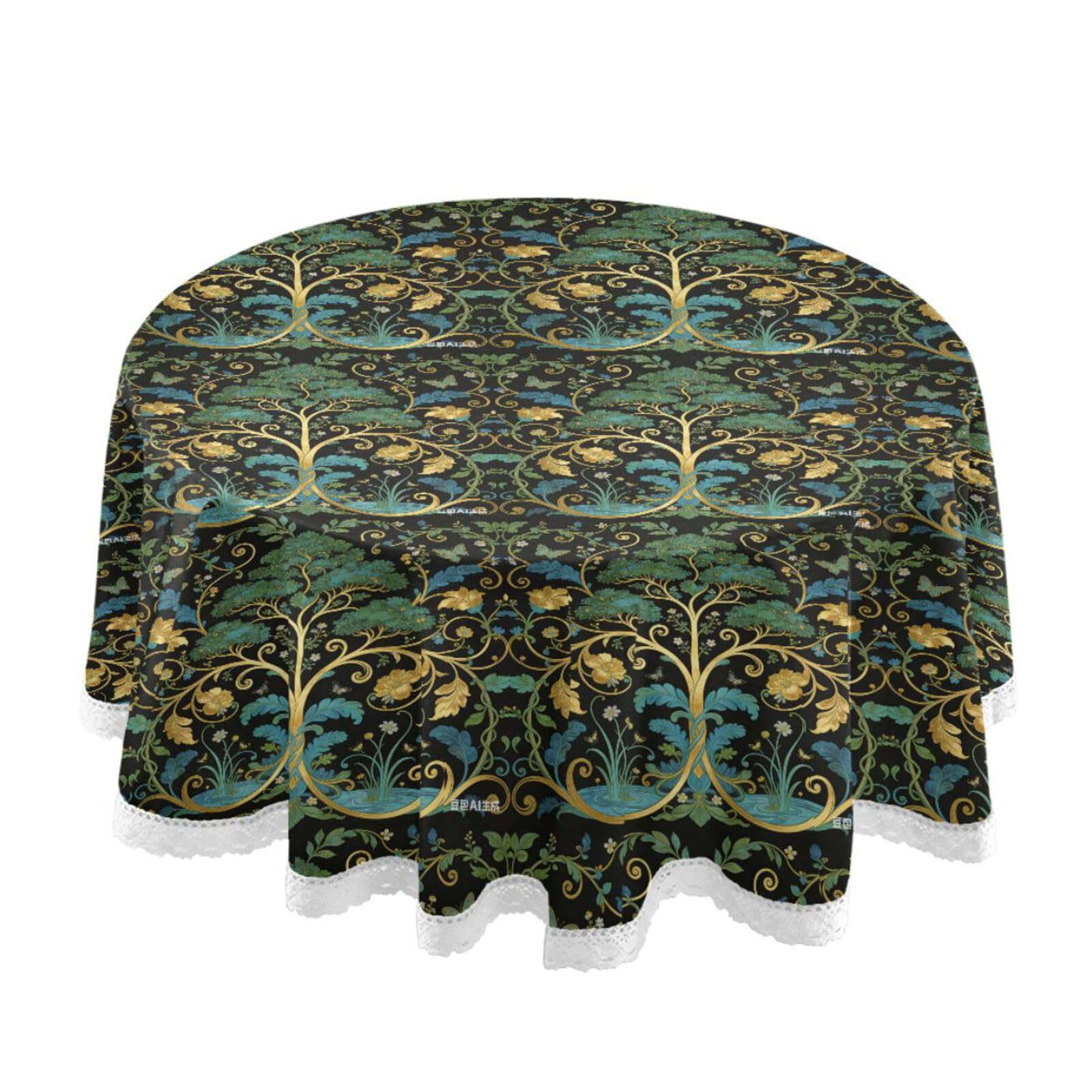 Nappe ronde en tissu William Morris Arbre de Vie vert 152 cm dentelle table