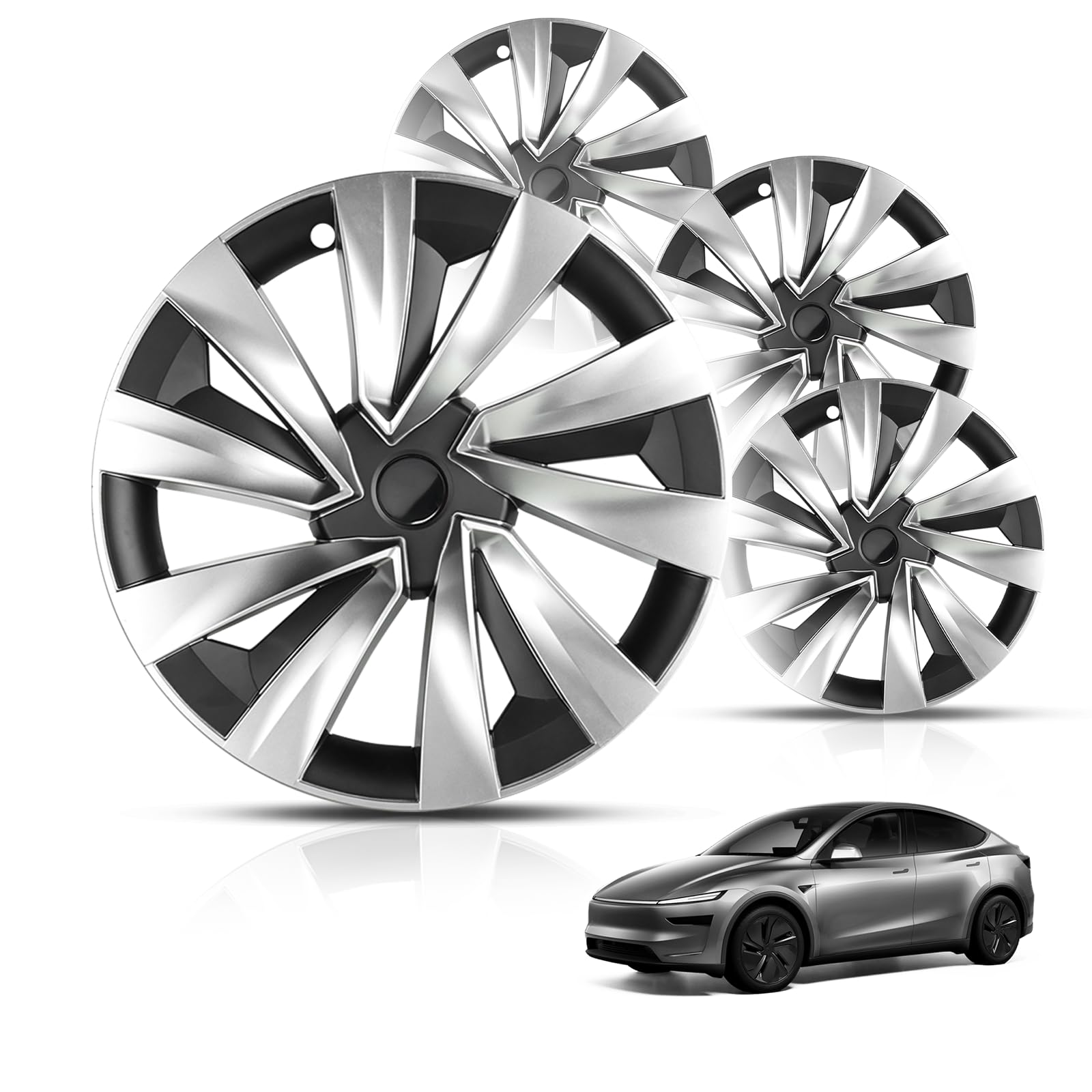 4pcs wheel covers for tesla model y juniper 19 inch juniper wheel hubcaps spiral style aero wheel protector juniper accessories black&silver(ask for free t center caps)