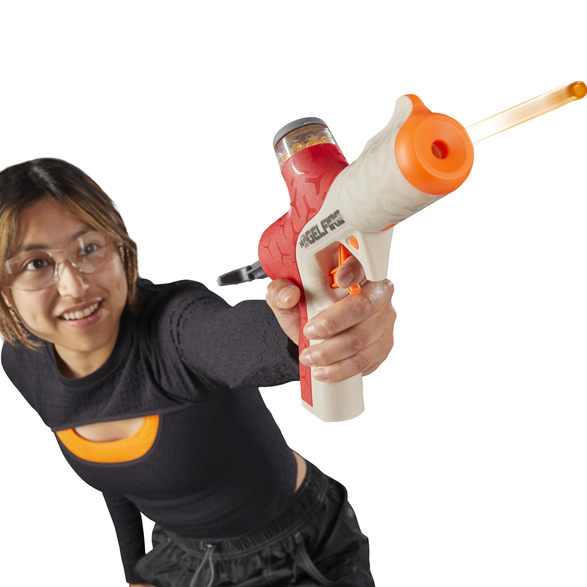 Nerf Pro Gelfire Twist Shot Blaster, 150 FPS, 5.000 cartucce Gelfire, alimentazione T-Pull, caricatore integrato da 80 cartucce, occhiali protettivi per età superiore ai 14 anni