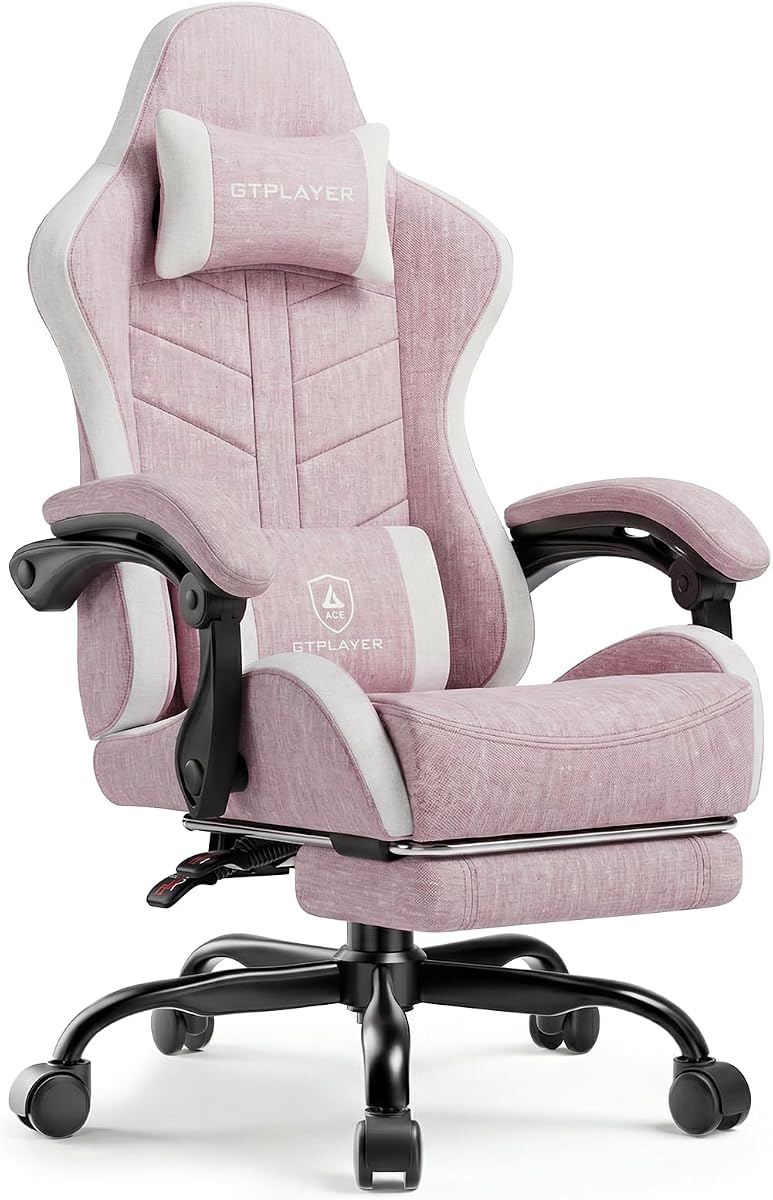 Gaming Chair for Adults, Computer Chair with Footrest, Pink | Ergonomic Video Game Chair with 90-155° Recline, Removable Headrest & Lumbar Support, All-Day Comfort for Home & Office