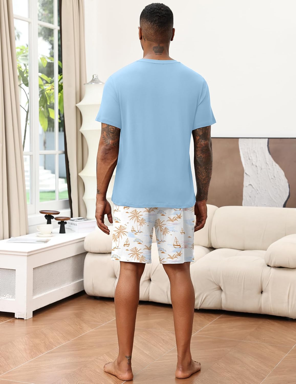 Ekouaer Mens Pajamas Set Soft Lounge Set V Neck Sleep Nightwear Short Sleeve Pjs with Pocket S-XXL - Image 3