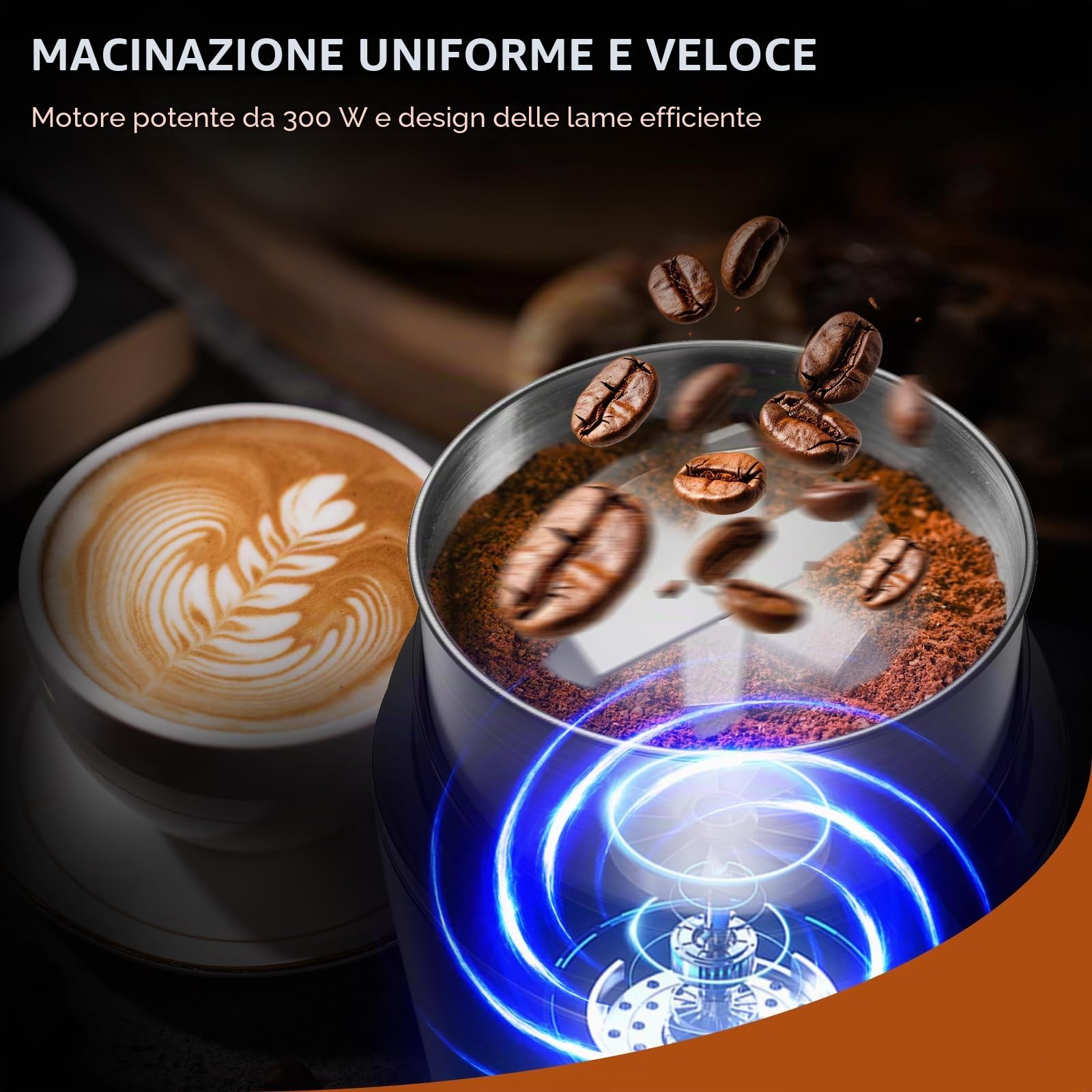 Macina caffe' elettrico, Macina semi lino e chia per cucina 300W, camera rimovibile in acciaio inox, fino a 12 tazze, facile per fagioli di caffè, spezie, erbe aromatiche, semi di lino (argento)